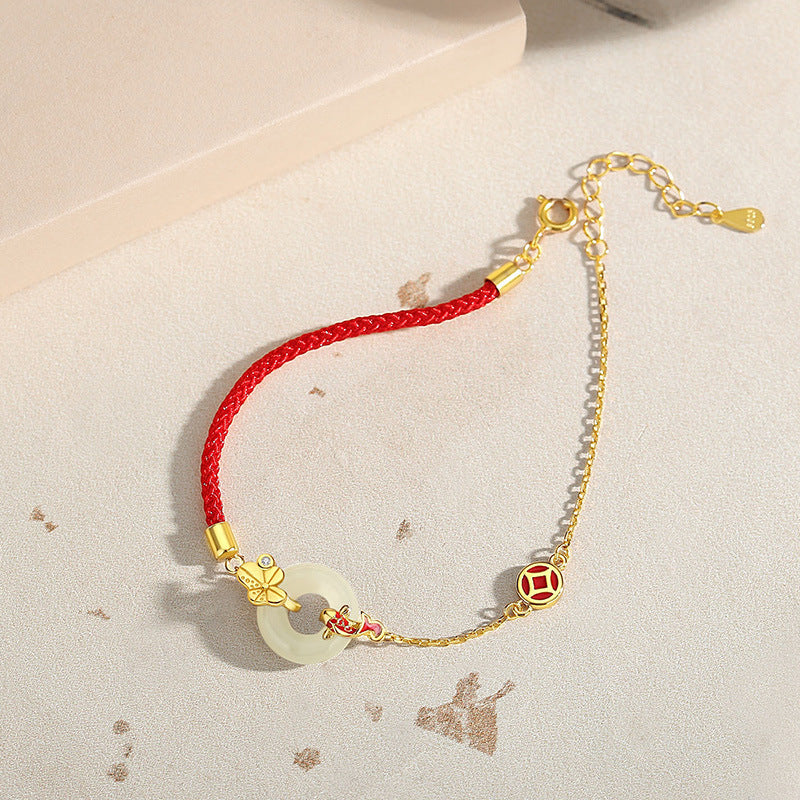 Koi Peace Buckle Hetian Jade Red Rope Bracelet