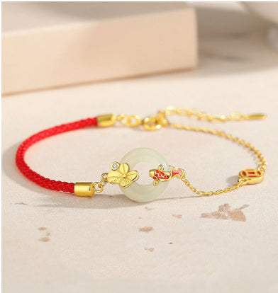 Koi Peace Buckle Hetian Jade Red Rope Bracelet