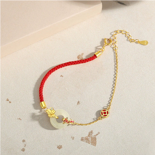 Koi Peace Buckle Hetian Jade Red Rope Bracelet