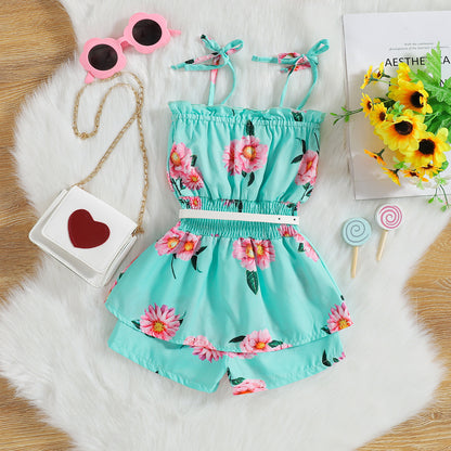 Tricolor Floral Stripe Print Suspender Jumpsuit Belt