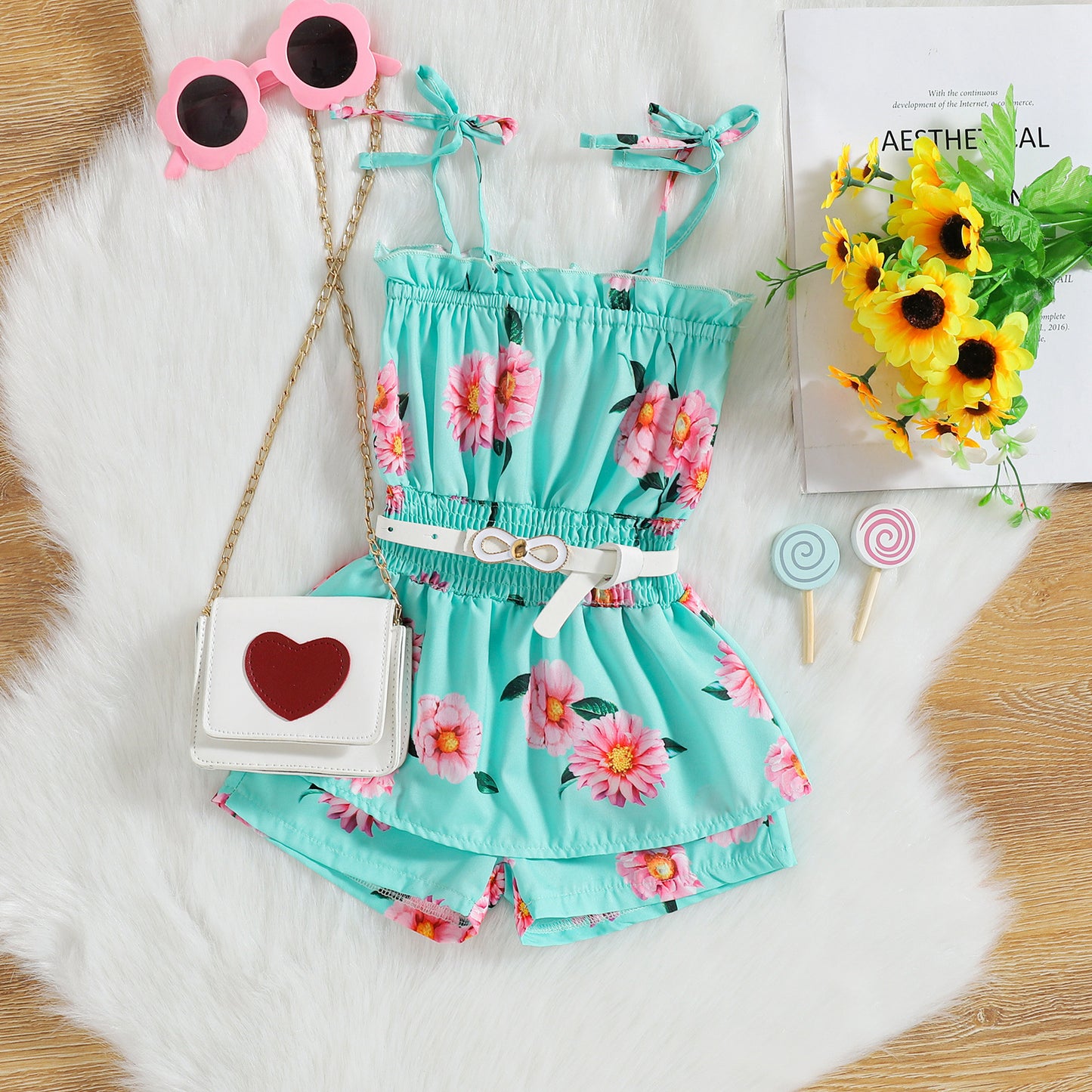 Tricolor Floral Stripe Print Suspender Jumpsuit Belt