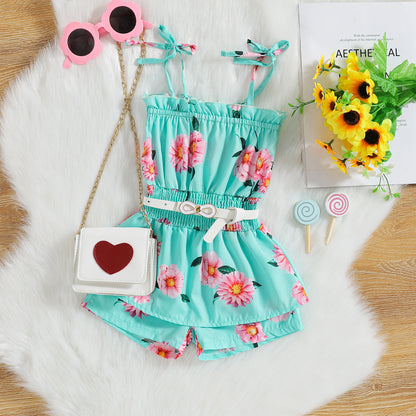 Tricolor Floral Stripe Print Suspender Jumpsuit Belt