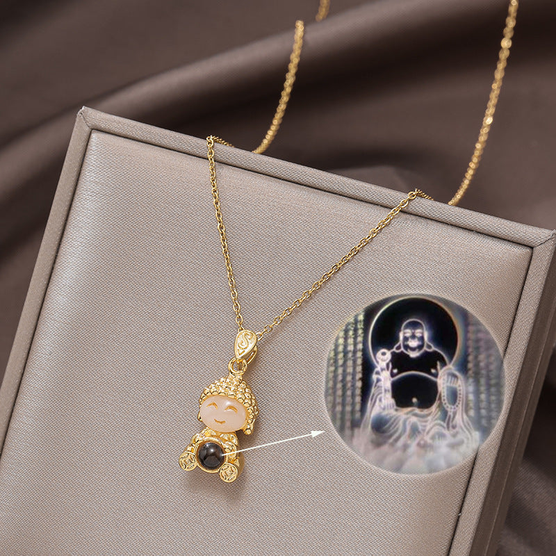 Titanium Steel Gold & Small Cute Buddha Jade Buddha Statue Necklace Lucky Maitreya Buddha Clavicle Chain