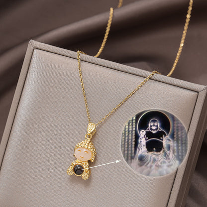 Titanium Steel Gold & Small Cute Buddha Jade Buddha Statue Necklace Lucky Maitreya Buddha Clavicle Chain