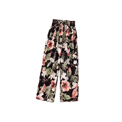 Casual Flower Pants Spring And Summer Thin High Waist Slimming Ice Silk Elastic Floral Straight