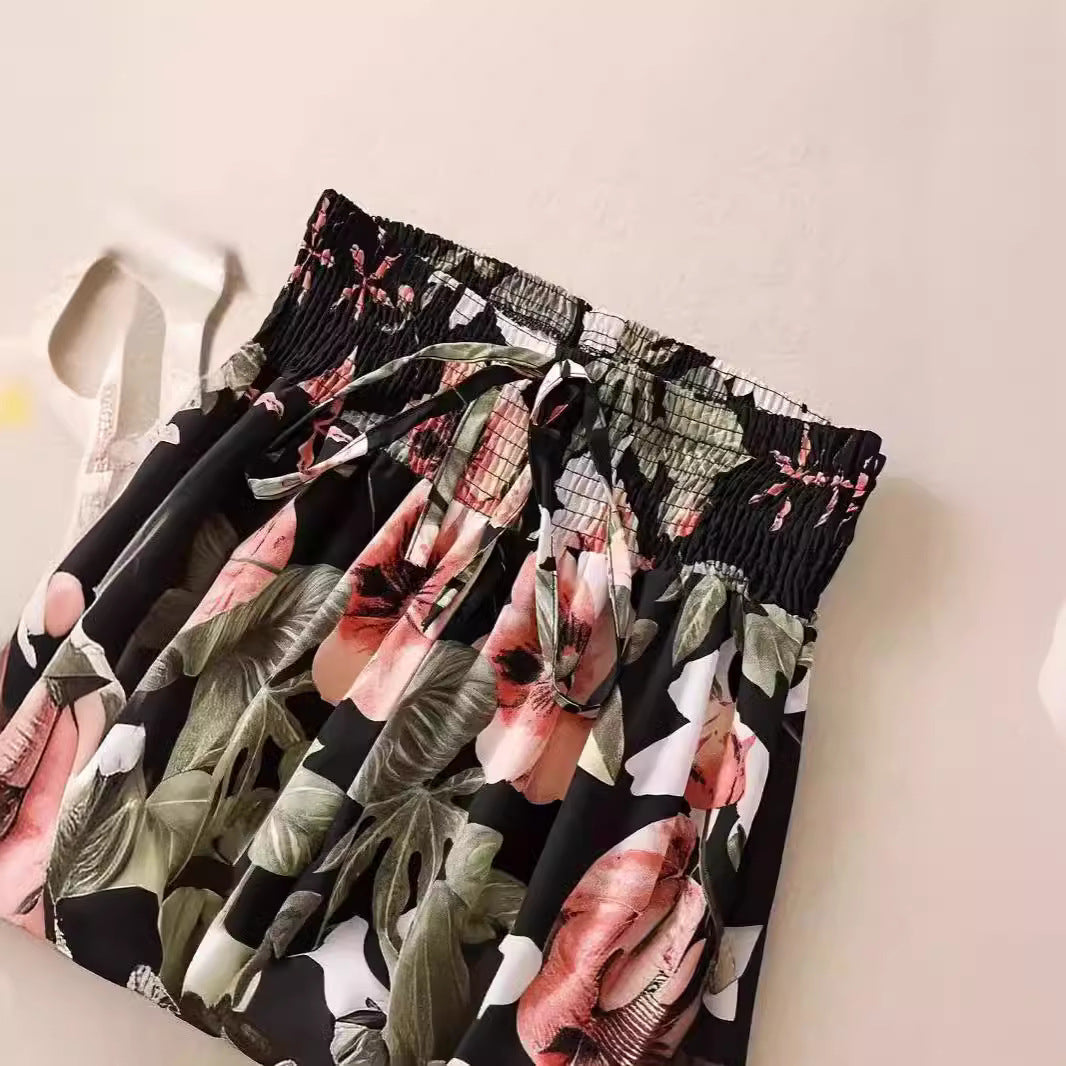 Casual Flower Pants Spring And Summer Thin High Waist Slimming Ice Silk Elastic Floral Straight