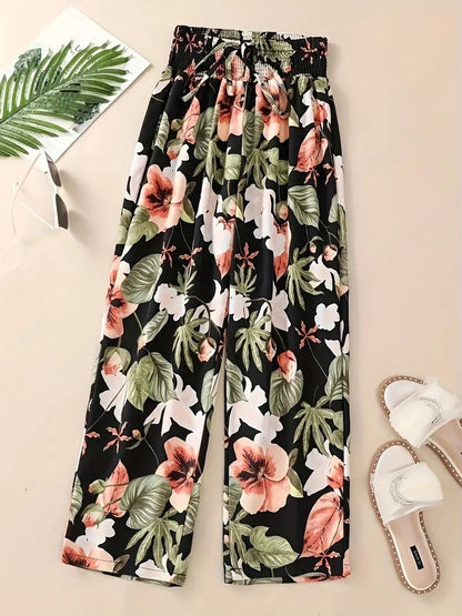 Casual Flower Pants Spring And Summer Thin High Waist Slimming Ice Silk Elastic Floral Straight
