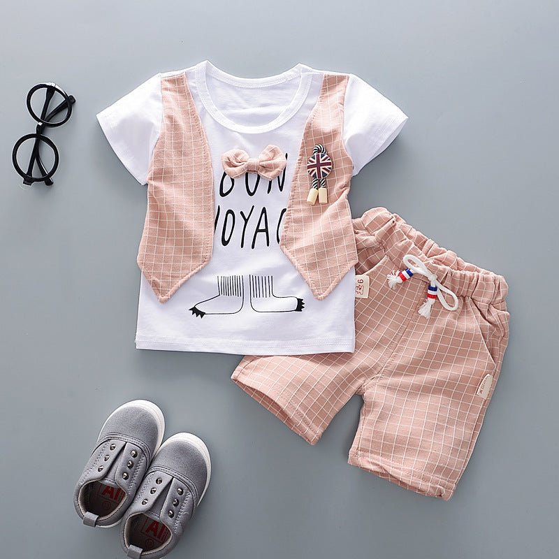 Two-piece Children's Suit With Short Sleeve Shorts And Suspenders