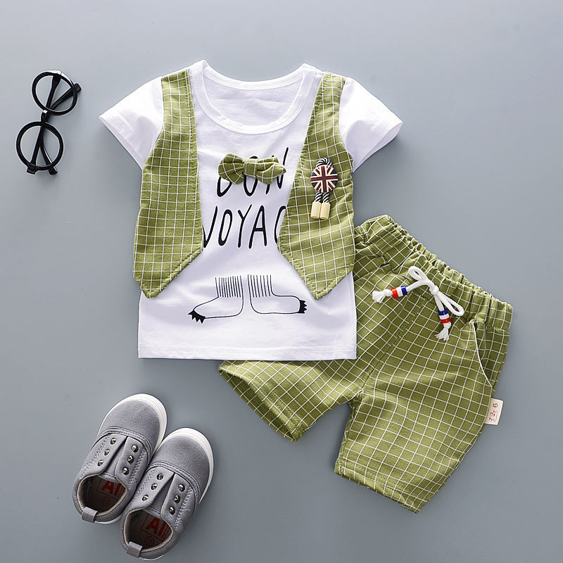 Two-piece Children's Suit With Short Sleeve Shorts And Suspenders