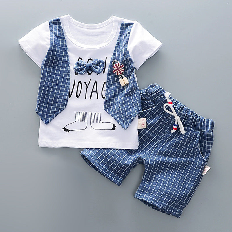 Two-piece Children's Suit With Short Sleeve Shorts And Suspenders