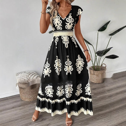 Vacation Style Printed V-neck Large Swing Dress