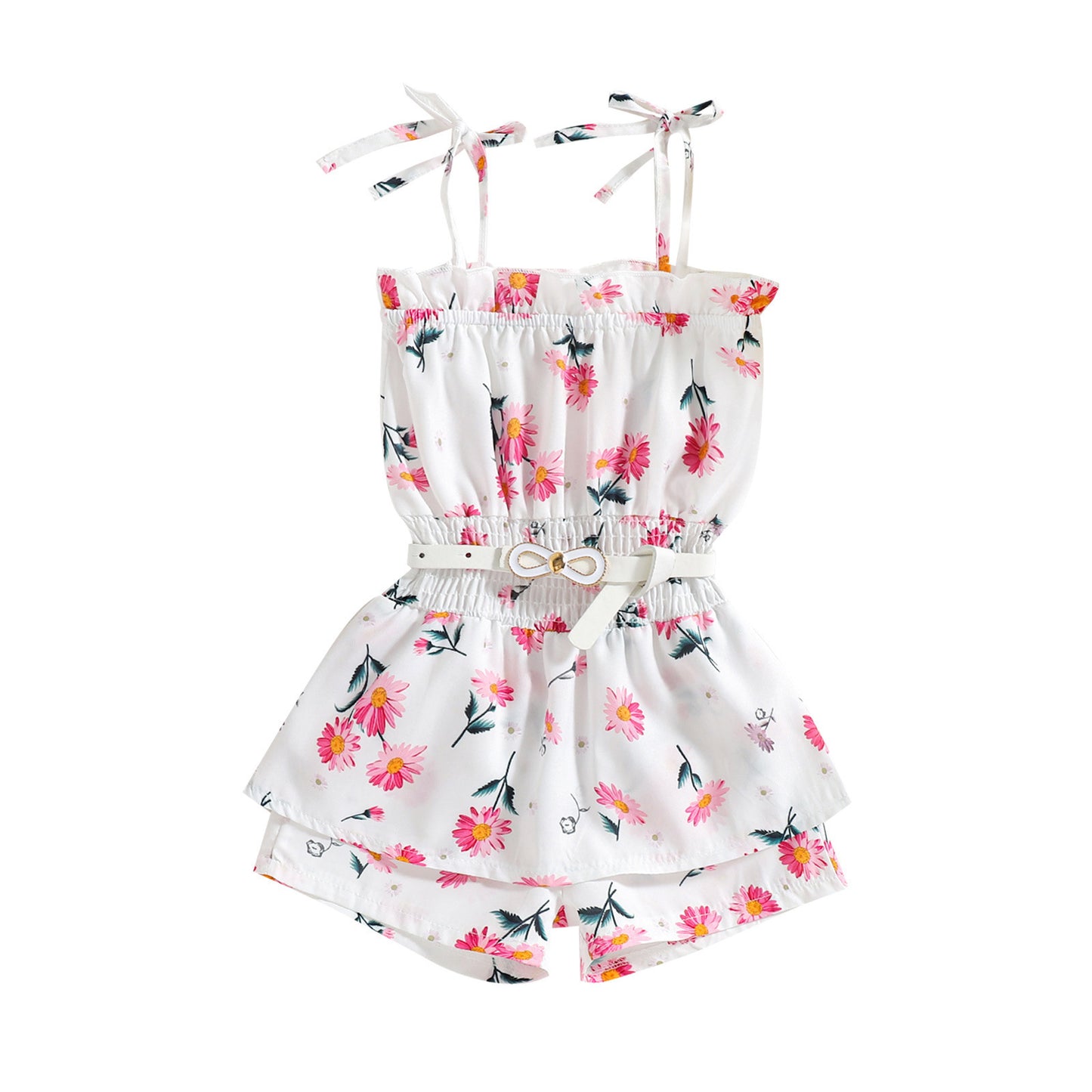 Tricolor Floral Stripe Print Suspender Jumpsuit Belt