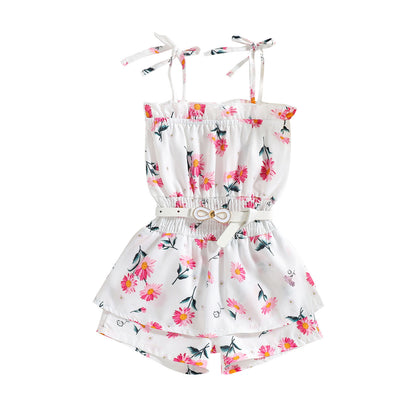 Tricolor Floral Stripe Print Suspender Jumpsuit Belt