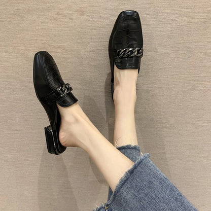 Metal Chain Decorative Square Toe Half Slippers