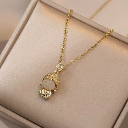 Titanium Steel Gold & Small Cute Buddha Jade Buddha Statue Necklace Lucky Maitreya Buddha Clavicle Chain
