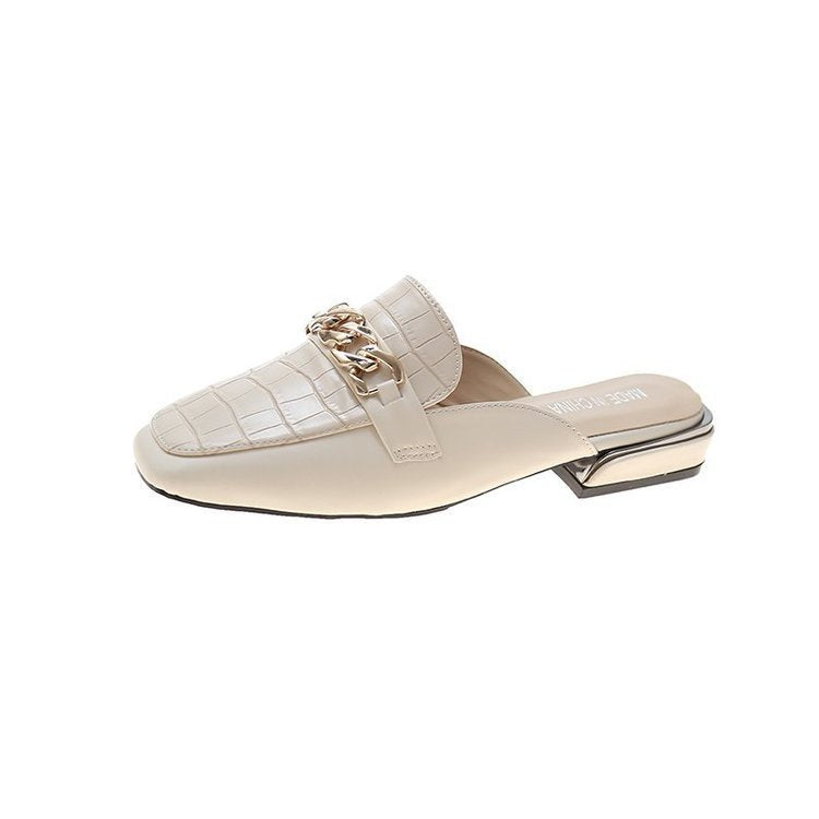 Metal Chain Decorative Square Toe Half Slippers