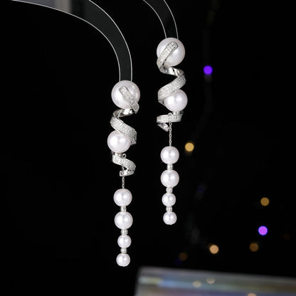 Inlaid Zircon Silver Needle Long Fringed Pearl Spiral Earrings