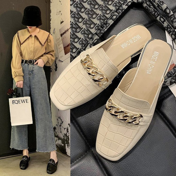 Metal Chain Decorative Square Toe Half Slippers