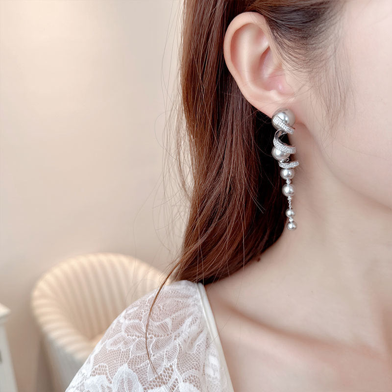 Inlaid Zircon Silver Needle Long Fringed Pearl Spiral Earrings