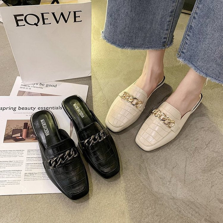 Metal Chain Decorative Square Toe Half Slippers