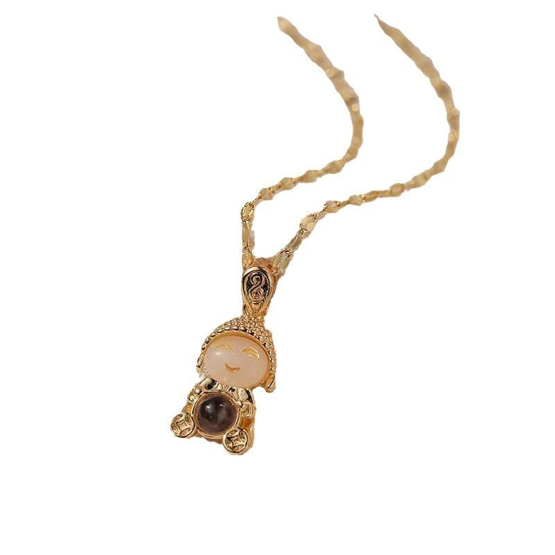 Titanium Steel Gold & Small Cute Buddha Jade Buddha Statue Necklace Lucky Maitreya Buddha Clavicle Chain