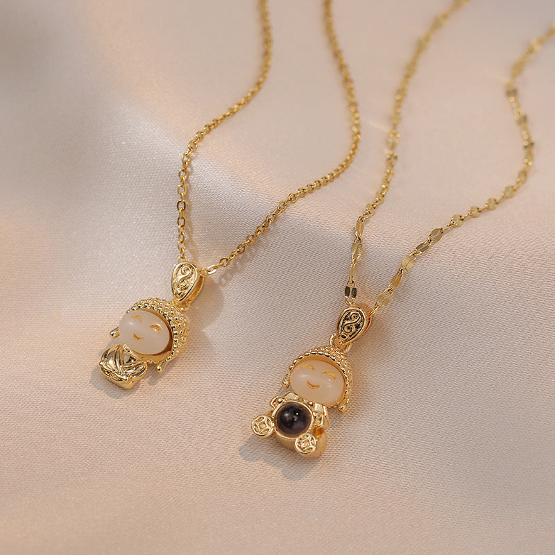 Titanium Steel Gold & Small Cute Buddha Jade Buddha Statue Necklace Lucky Maitreya Buddha Clavicle Chain