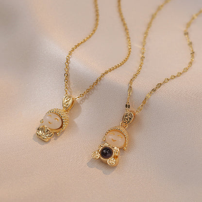 Titanium Steel Gold & Small Cute Buddha Jade Buddha Statue Necklace Lucky Maitreya Buddha Clavicle Chain