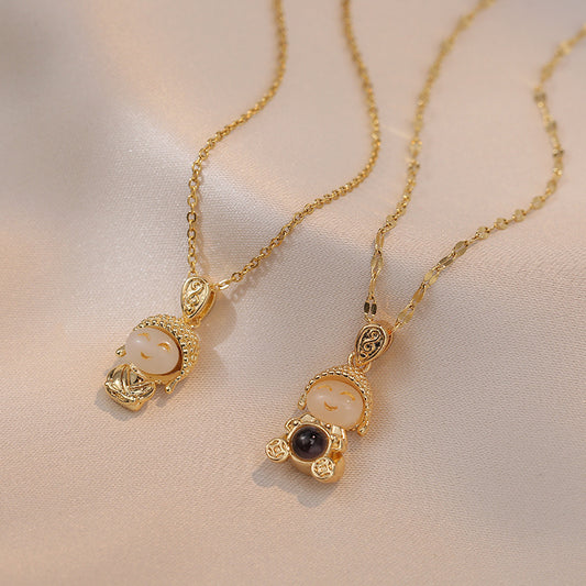 Titanium Steel Gold & Small Cute Buddha Jade Buddha Statue Necklace Lucky Maitreya Buddha Clavicle Chain