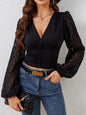 Women's Chiffon Lantern Sleeve V-neck Long-sleeved T-shirt Top