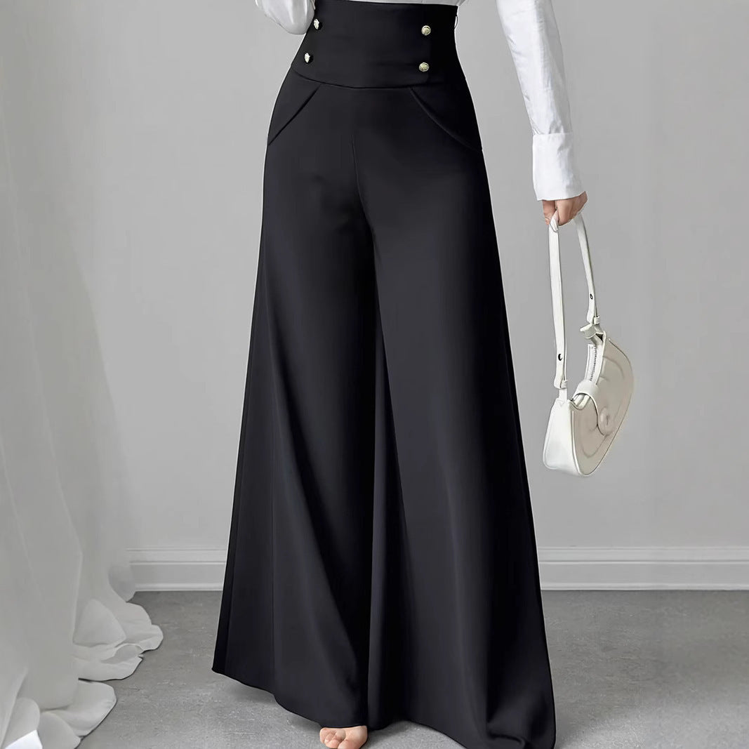 Minimalist Elegant High Waist Belly Contracting Black Wide Leg Pants