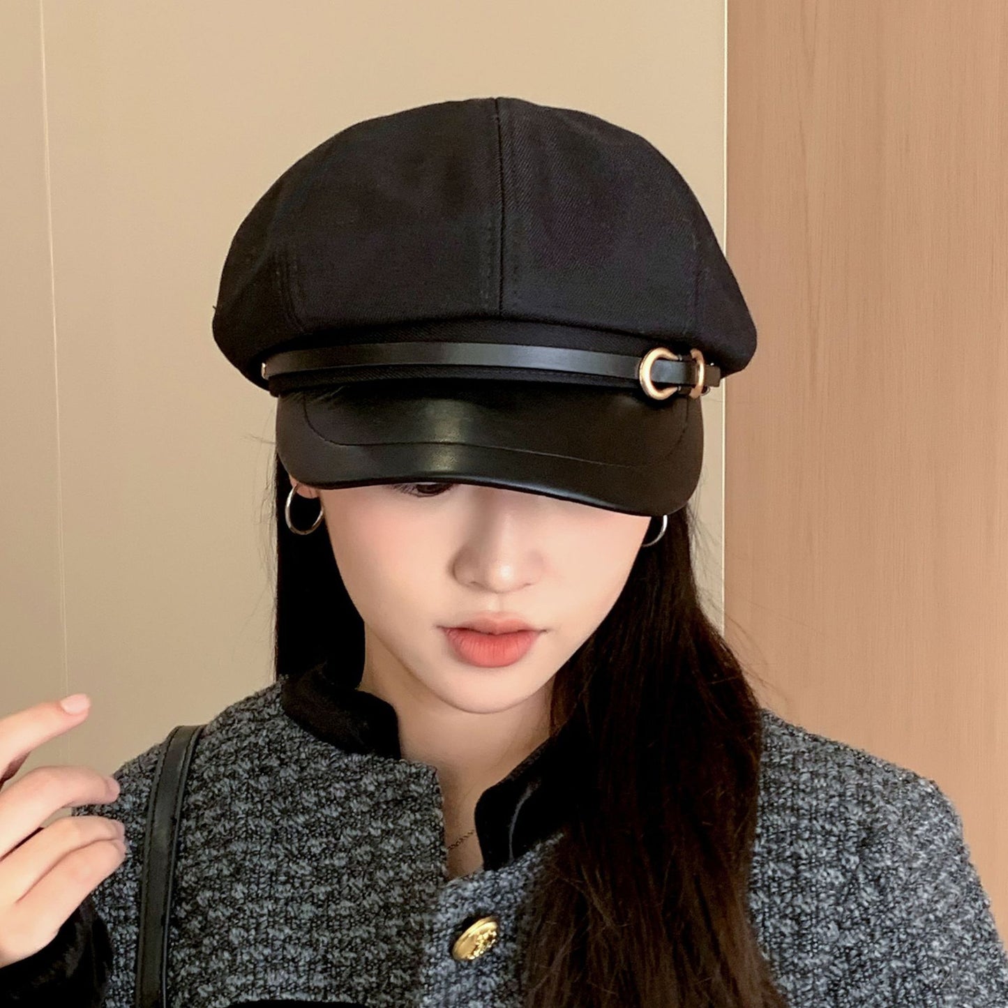 Casual Face-showing Small Peak Cap Octagonal Cap Leather Brim Hat With Buckle