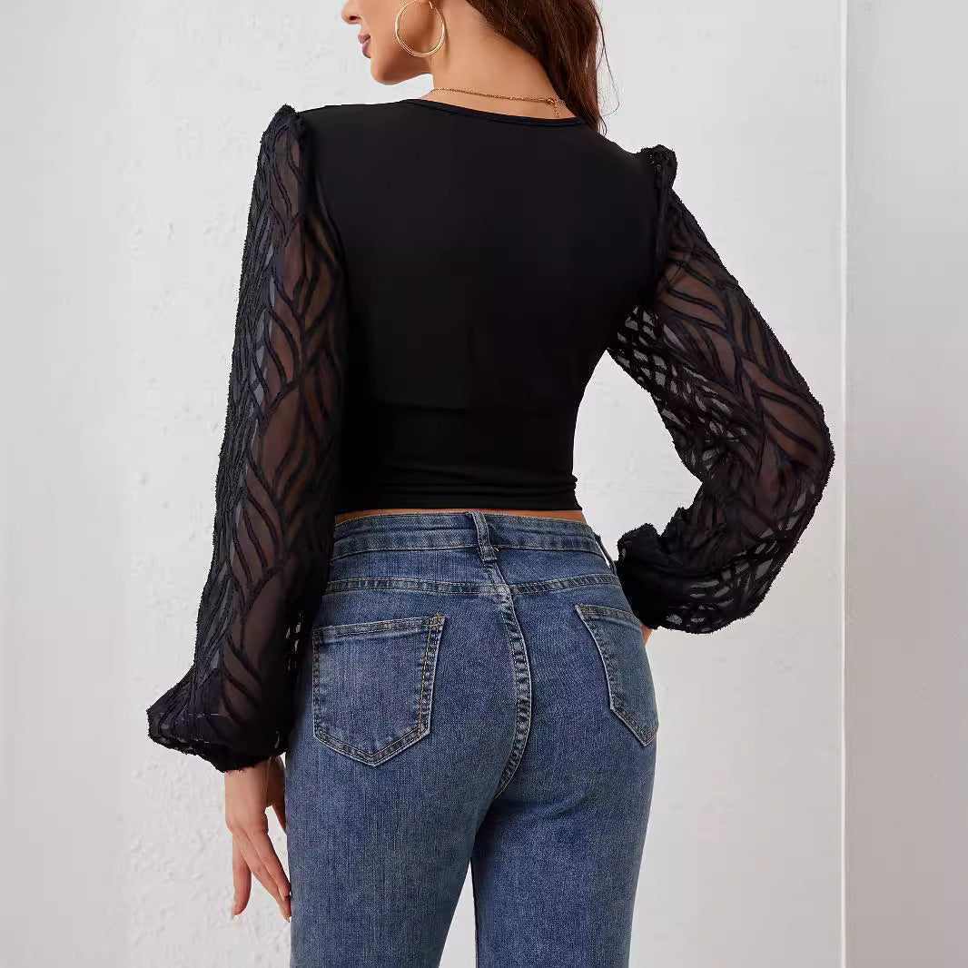 Women's Chiffon Lantern Sleeve V-neck Long-sleeved T-shirt Top