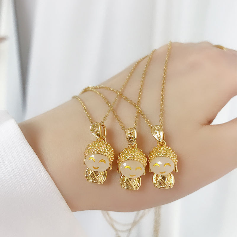 Titanium Steel Gold & Small Cute Buddha Jade Buddha Statue Necklace Lucky Maitreya Buddha Clavicle Chain