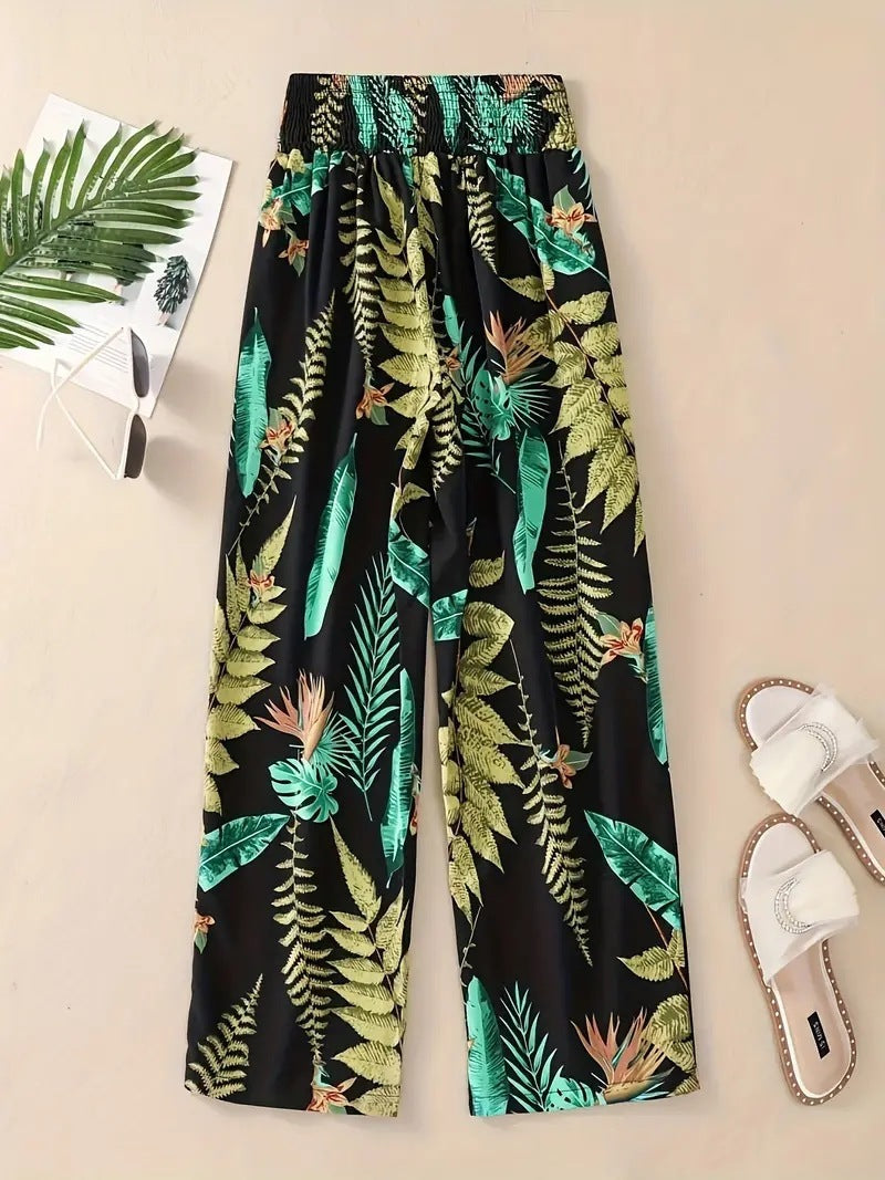 Casual Flower Pants Spring And Summer Thin High Waist Slimming Ice Silk Elastic Floral Straight