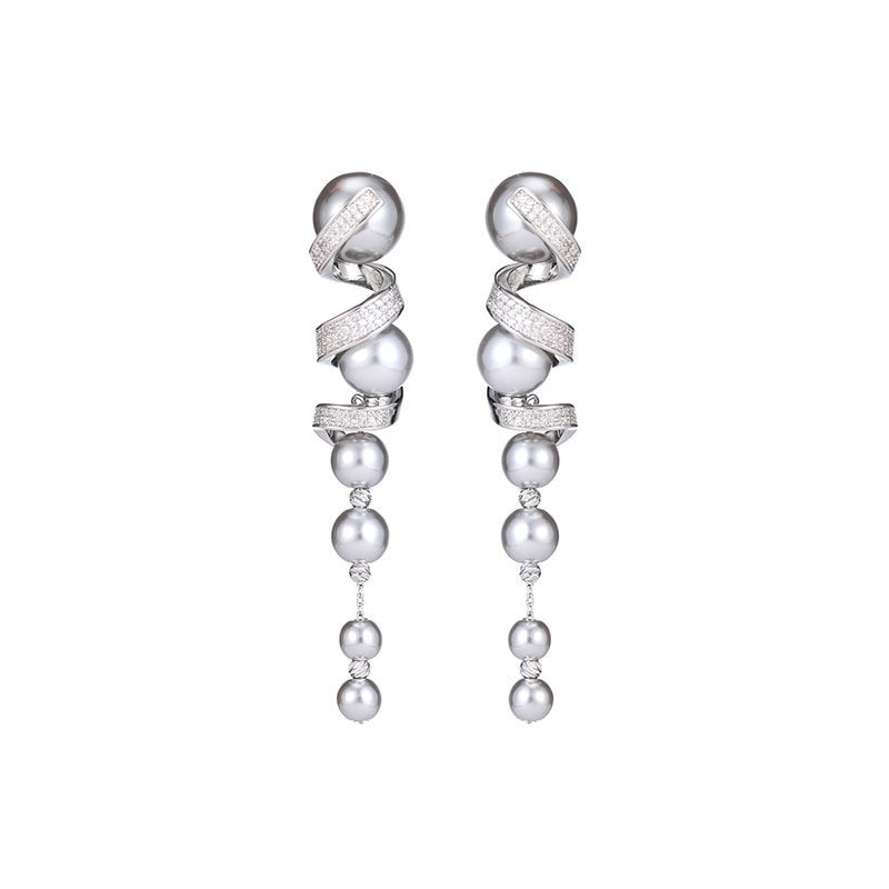 Inlaid Zircon Silver Needle Long Fringed Pearl Spiral Earrings