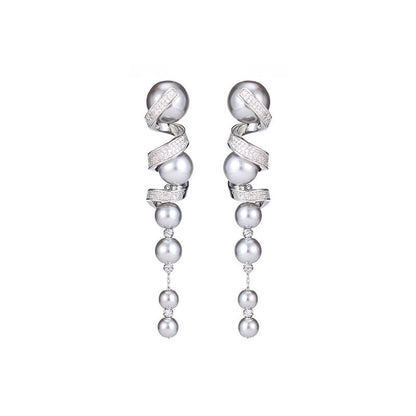 Inlaid Zircon Silver Needle Long Fringed Pearl Spiral Earrings