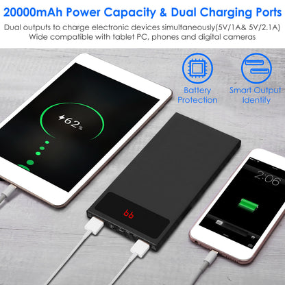 1Pc 20000mAh Power Bank Ultra-thin Phone Charger Dual USB Port Flashlight Battery Remain Display