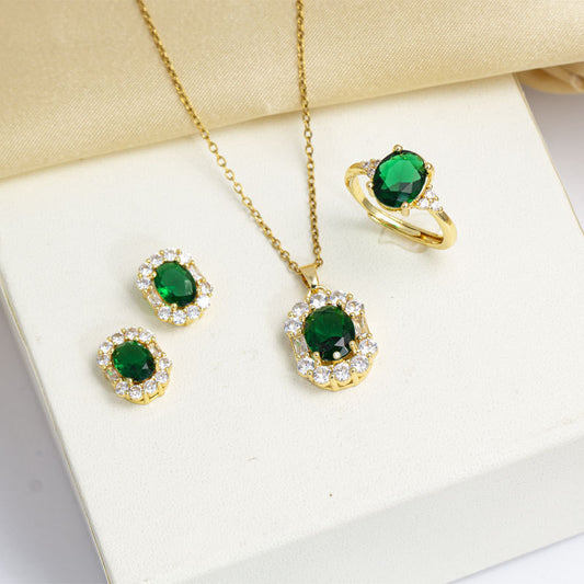 Geometric Emerald Inlaid Necklace Ear Stud Ring Suit