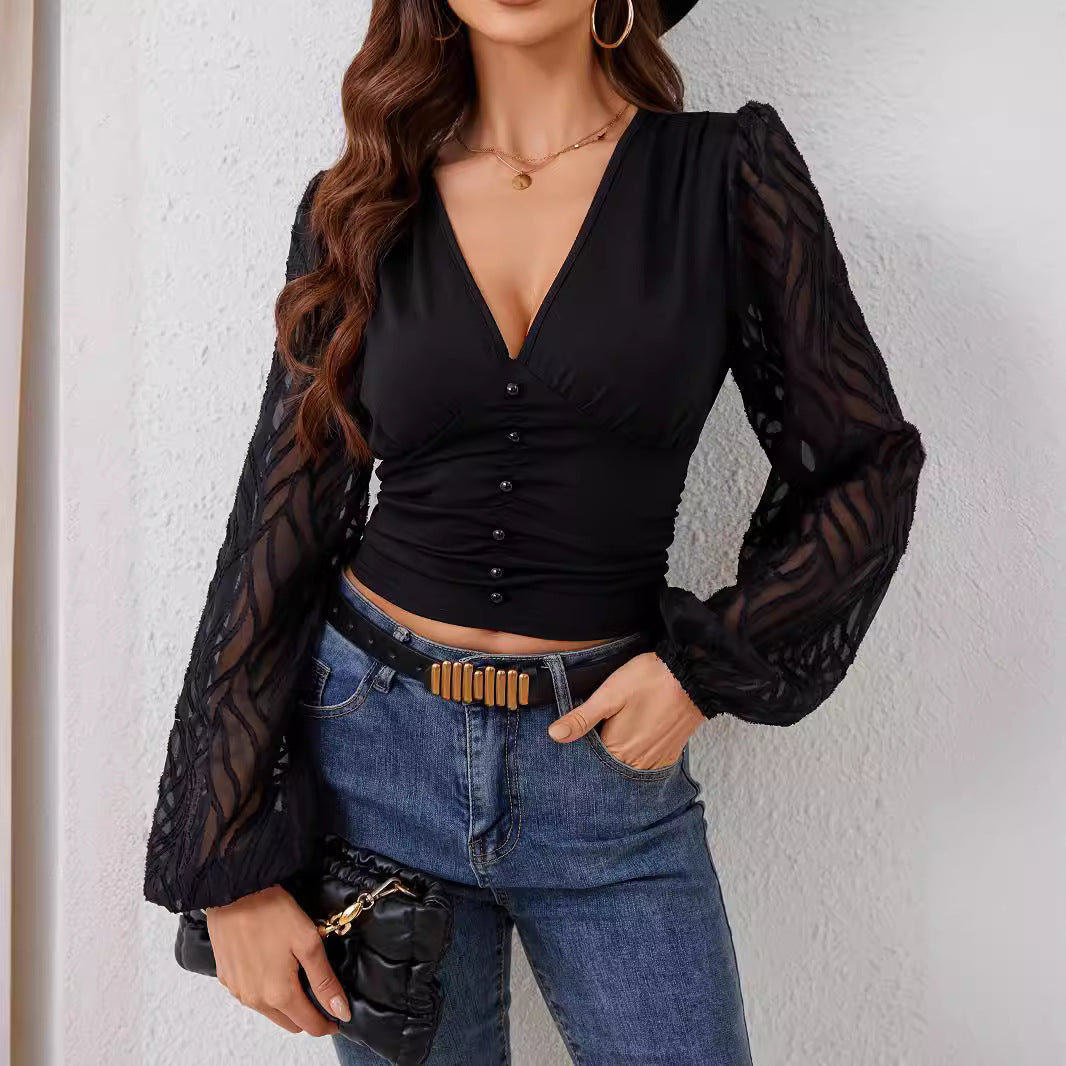 Women's Chiffon Lantern Sleeve V-neck Long-sleeved T-shirt Top