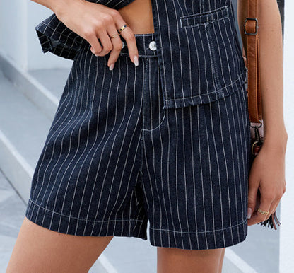 Women's Washed New Striped Casual Denim Shorts Suit
