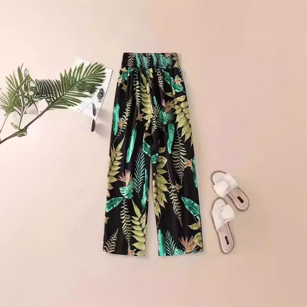 Casual Flower Pants Spring And Summer Thin High Waist Slimming Ice Silk Elastic Floral Straight
