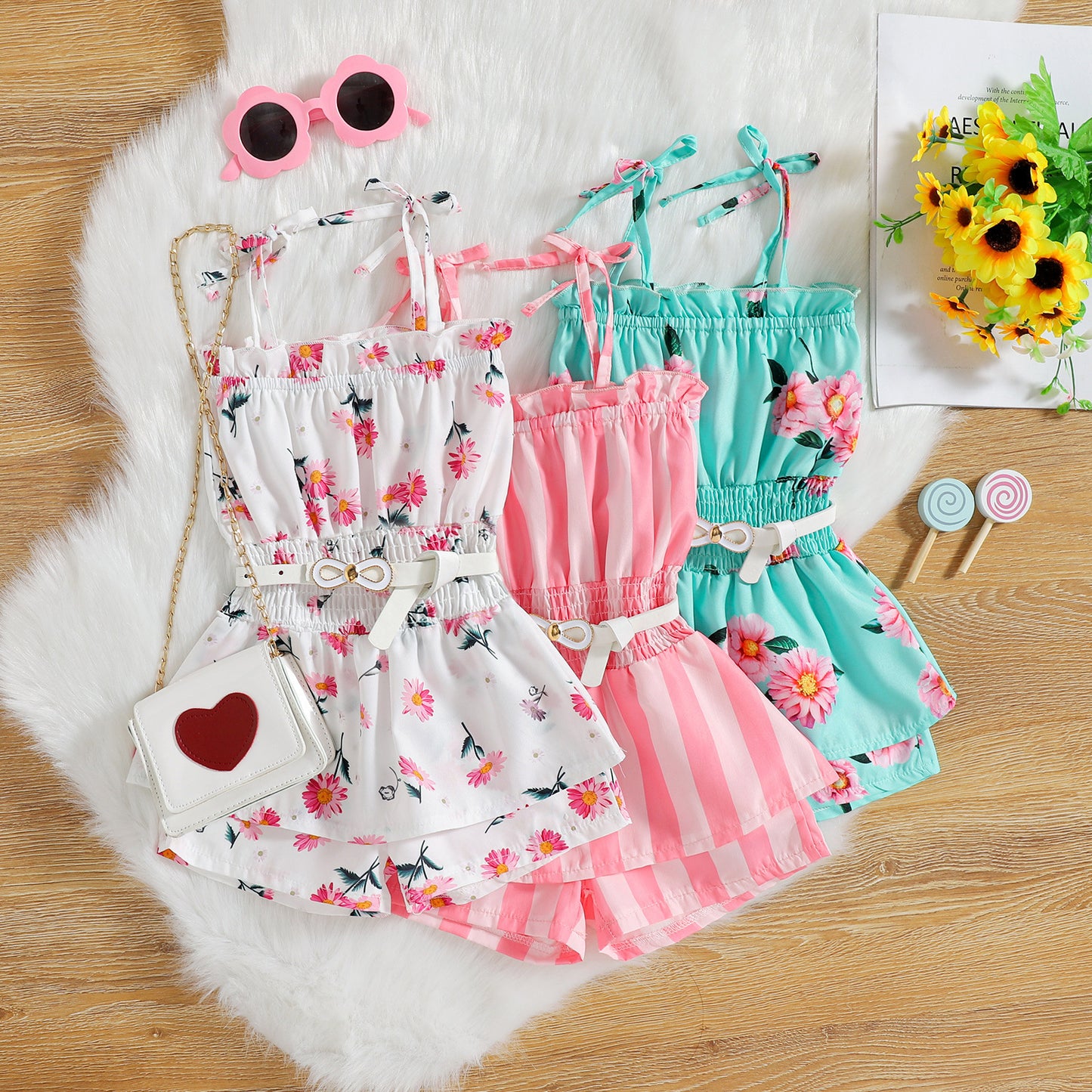 Tricolor Floral Stripe Print Suspender Jumpsuit Belt