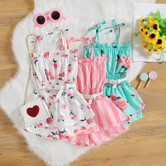 Tricolor Floral Stripe Print Suspender Jumpsuit Belt