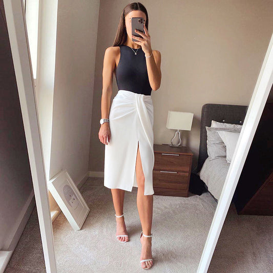 Workplace Temperament Commuter Skirt Pleated Slit Design Sense