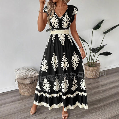 Vacation Style Printed V-neck Large Swing Dress