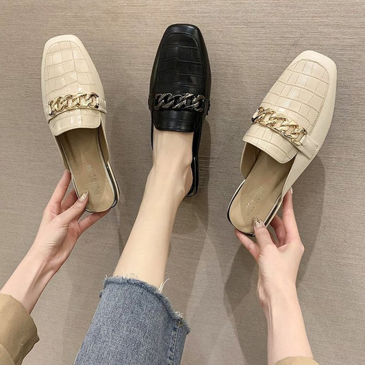 Metal Chain Decorative Square Toe Half Slippers