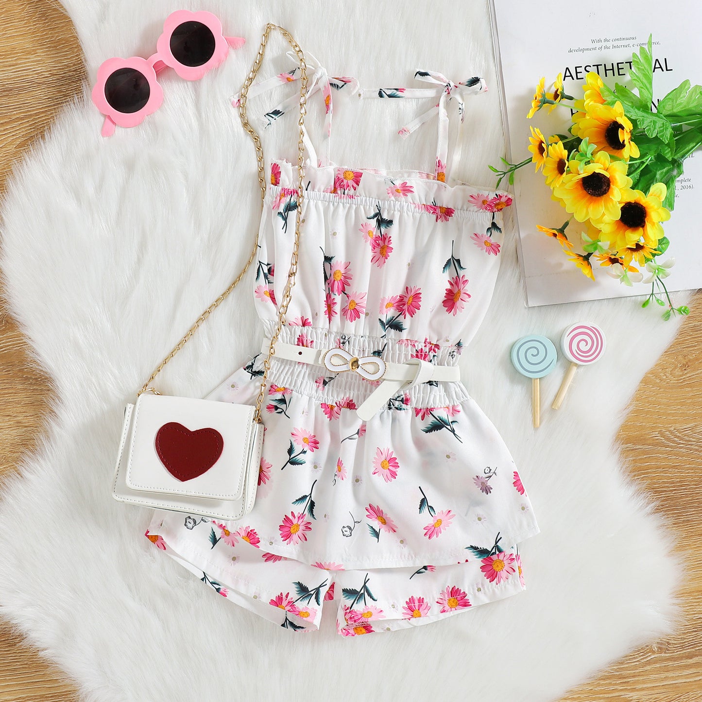 Tricolor Floral Stripe Print Suspender Jumpsuit Belt
