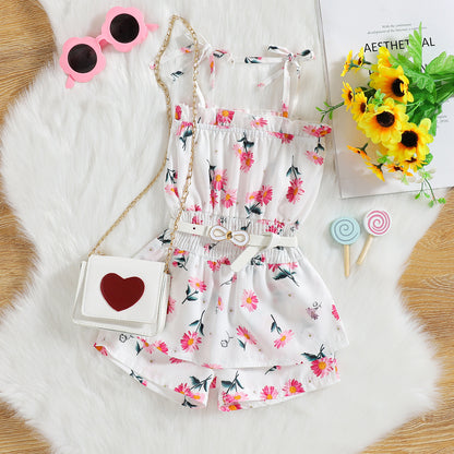 Tricolor Floral Stripe Print Suspender Jumpsuit Belt