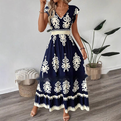 Vacation Style Printed V-neck Large Swing Dress