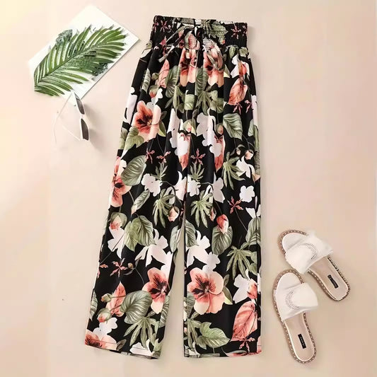 Casual Flower Pants Spring And Summer Thin High Waist Slimming Ice Silk Elastic Floral Straight